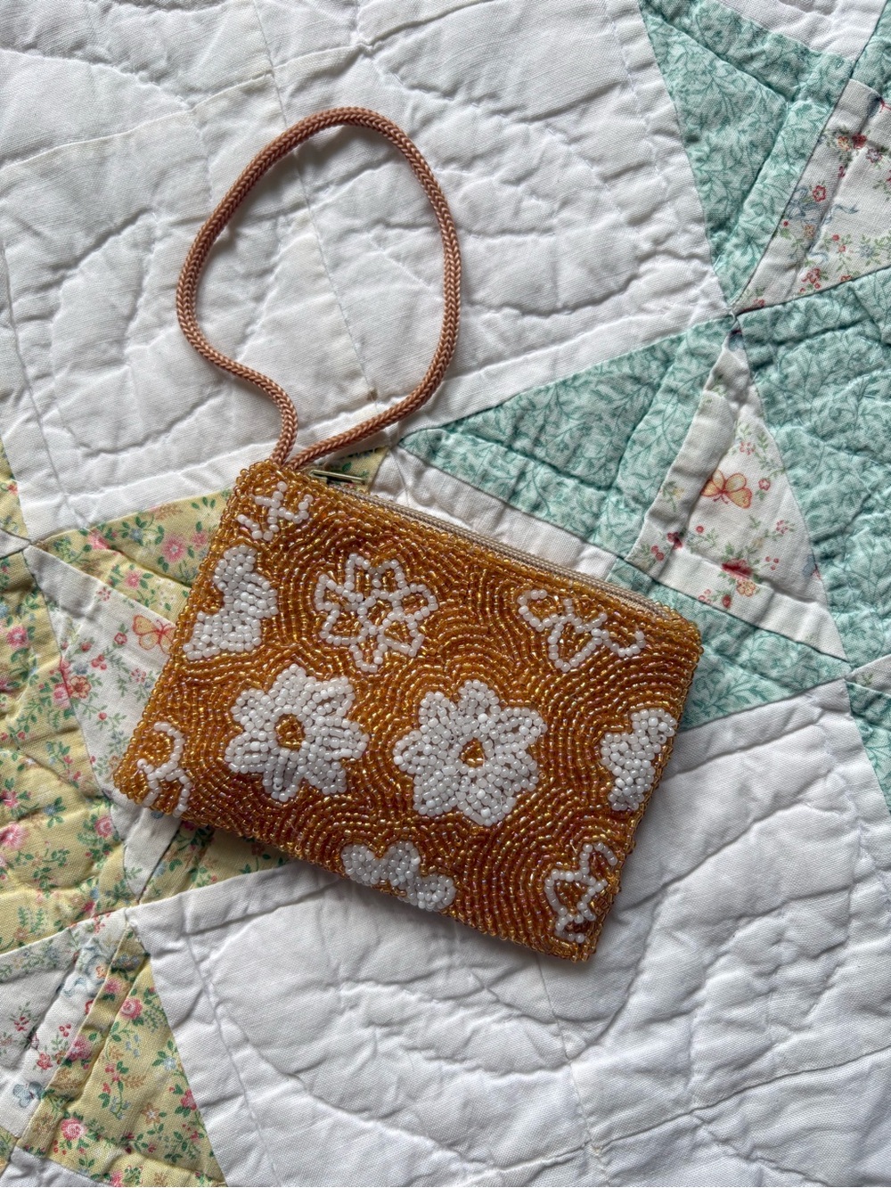 Beaded Floral Wristlet Bag Coin Purse Pouch Mustard Yellow White Cottagecore